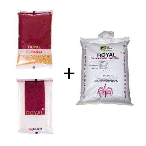 1200049 2 bb combo bb royal sona masoori raw rice 10 kg toor dal 1kg sugar 1kg