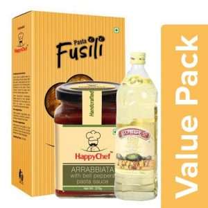 1202694 1 bb combo happy chef pasta fusilli 500g sauce arrabiata 270g borges olive oil 1l