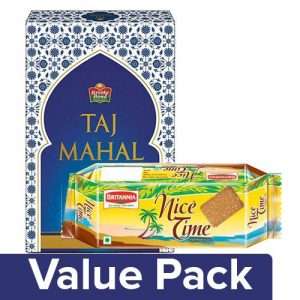 1204562 1 bb combo taj mahal tea 500gm britannia nice time sugar showered coconut biscuits 150gm